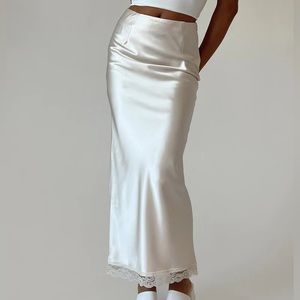 Princess Polly Satin Maxi Skirt with Lace Trim (Size 0)